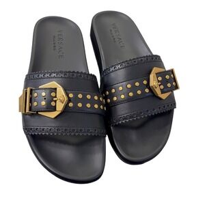 Versace Men's Leather Slides Sz 41 US 8 Black Gold Studded Medusa Buckle Italy‎